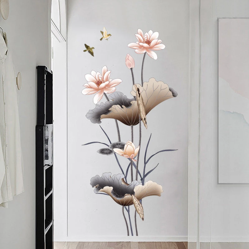 Chinese Style Lotus Flower Wall Stickers Home Decor 3d Wallpaper Large Wall Decals Living Room