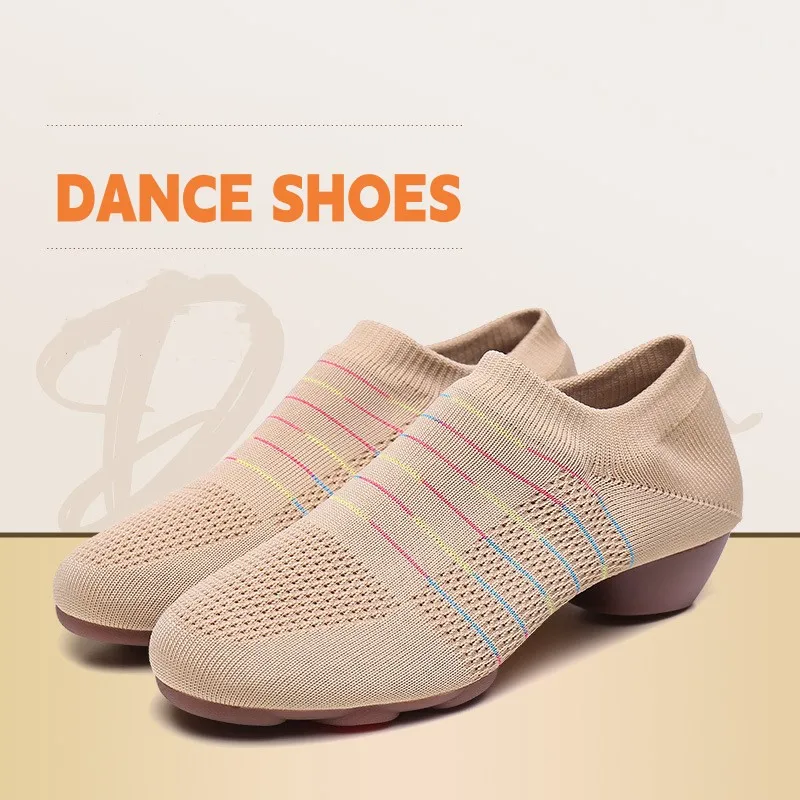 

Stretch Fabric Slip-On Women Latin Dance Shoes Adult Girls' Soft Sole Ballroom Yoga Dancing Sneakers Black Camel 2cm/1cm Heel