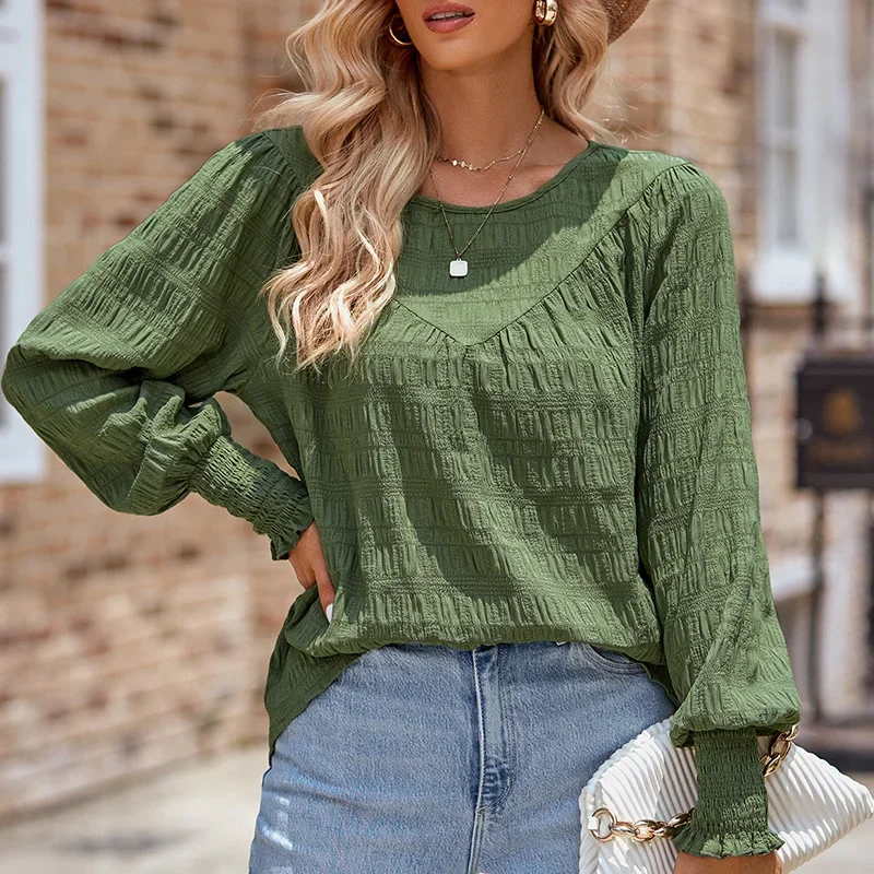 Autumn Elegant Fashion Aesthetic New Chic Office Lady Shirt Women Long Lantern Sleeve Loose Casual Round Collar Solid Color Top