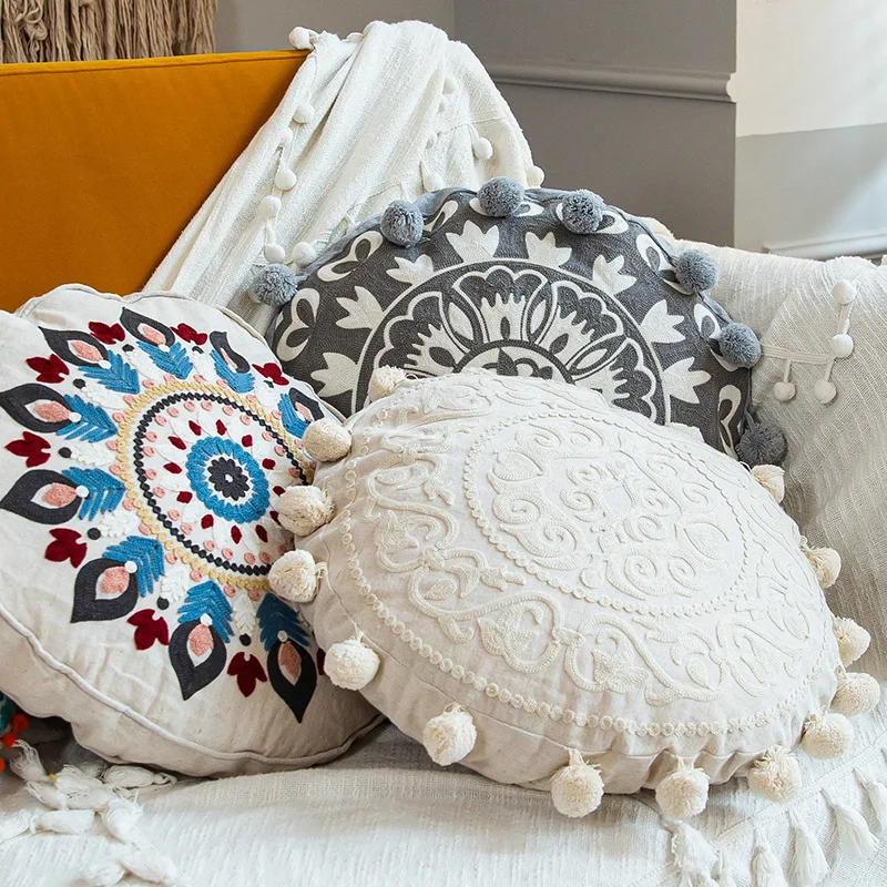 Moroccan Ethnic Round Cushion Cover Mandala Floral Embroidery Home