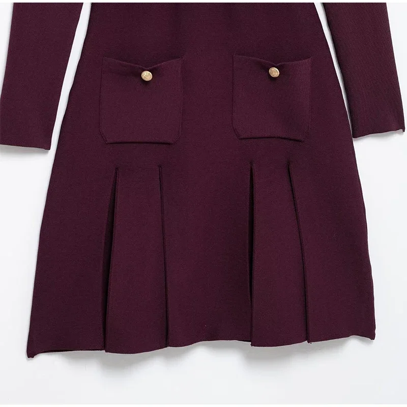Knit Burgundy Red A-line Mini Dress Women O-neck Long Sleeves Pleat Party Dresses Female 2025 Spring New Pockets Button Vestidos