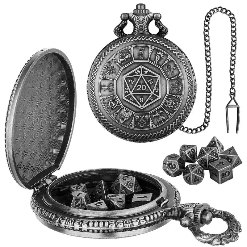 7 x Metal Polyhedral Dice Old Fashion Pocket Watch Case FOB Chain Table Role Play Dragon Gaming Accessory Dices Set pocket watch chain metal dice set