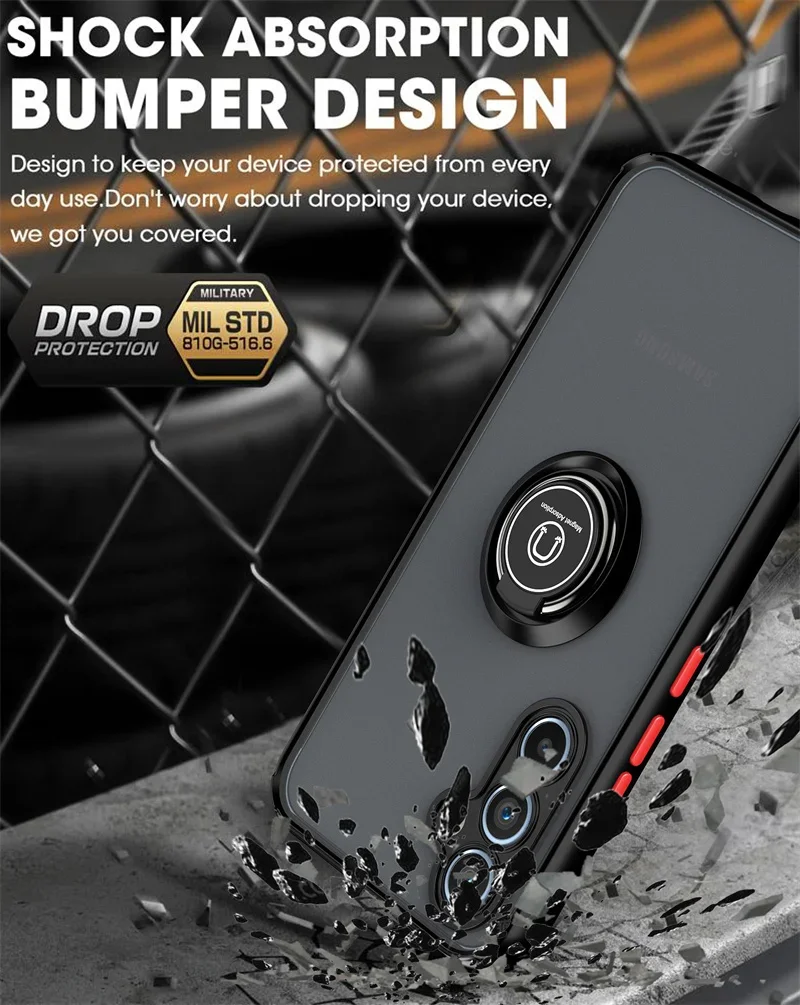 Shockproof Matte Armor Case with Magnetic Ring Holder - Sleek and Durable Protection Cover