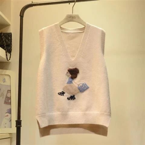

Beige Spring Autumn Women's Cartoon V-neck Girls' Sweater Vest Loose Knit Outer Wear Leisure Student College Top Cloth for girl
