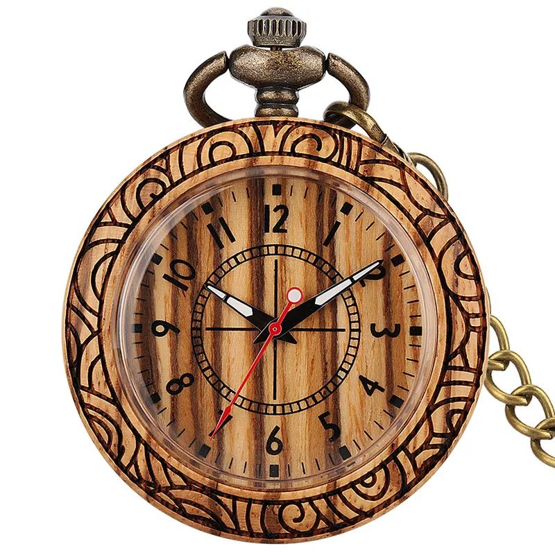 Novel Natural Wood Clock Men Women Bamboo Quartz Analog Pocket Watch Arabic Number Luminous Hands Display Timepiece with Chain