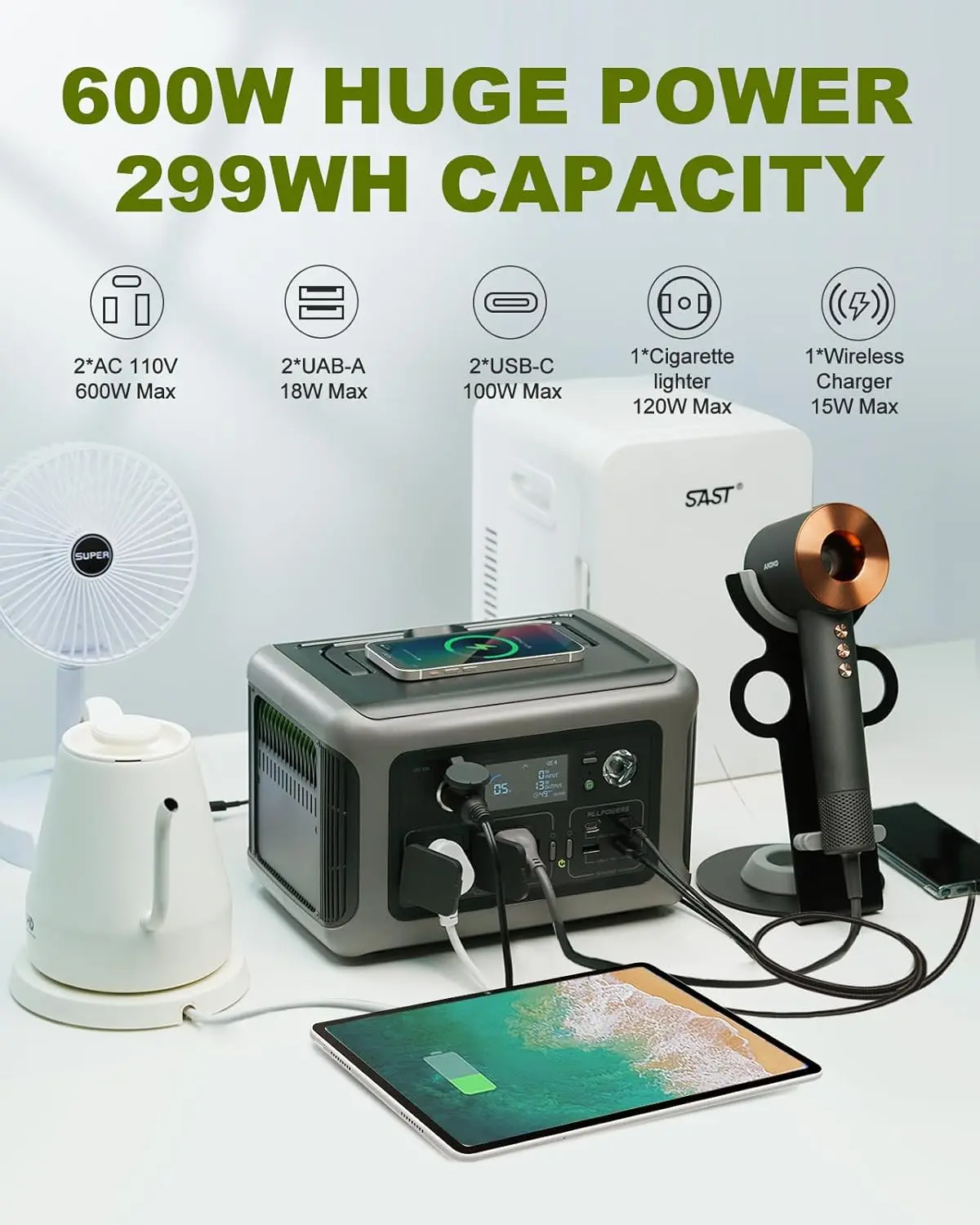 ALLPOWERS Portable Power Station R600, 299Wh LiFeP04 Battery with 2x 600W (1200W Surge) AC Outlets for Outdoor Camping RV Home 4