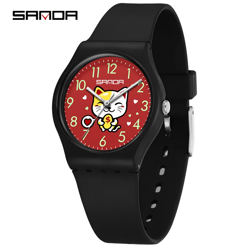 Fashion Sanda 6139 Student Quartz Watch Creative Cute Cartoon Wealth Cat Silicone Strap Wristwatch For Boys And Girls Clock Gift 2