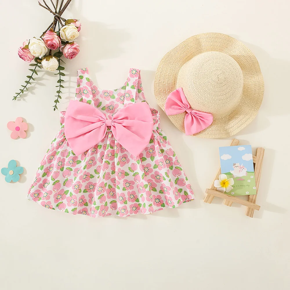 2Pcs/Set Summer children's dress with large bow at back peach blossom suspender chiffon girl's dress and straw hat Girls Dress Baby Girl Dress