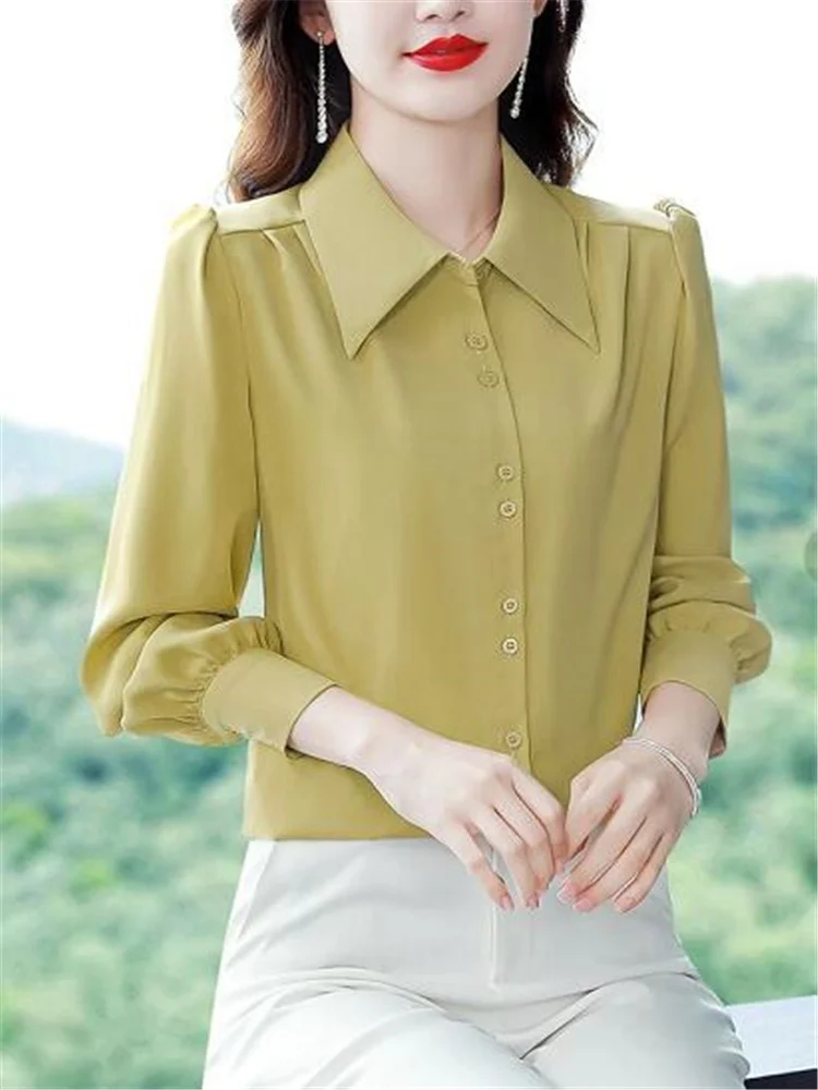 

New Silk Blouses Women Shirt Polor Neck Long Sleeve Woman Bluasa Solid color Basice Button Up Women Clothes OL Female Blouses