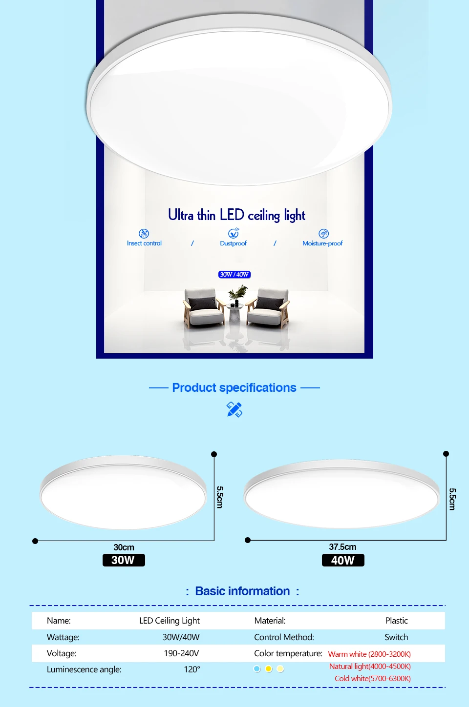 LED Ceiling Lights 220V Ultrathin Led Lamps 3-Color CCT Panel Light Sd7af2fd57c3d4add84e1da6a0d7422f6a