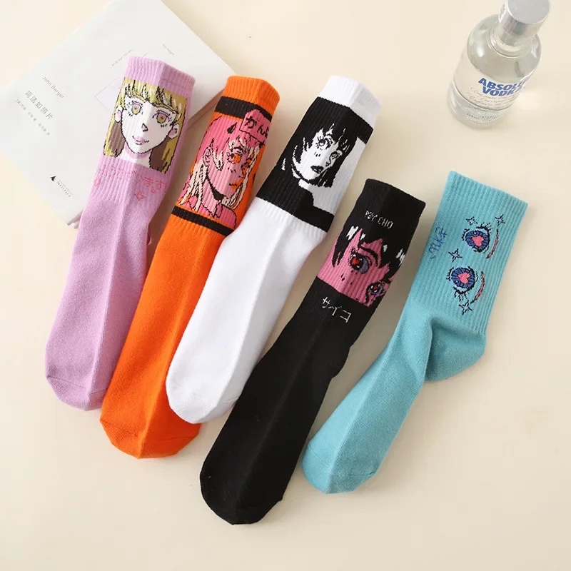 Japanese Ins Comics Tide Socks Simple Skateboard Mid-tube Illustration Women Sock Gifts for Girls Cute Sports Socks Harajuku