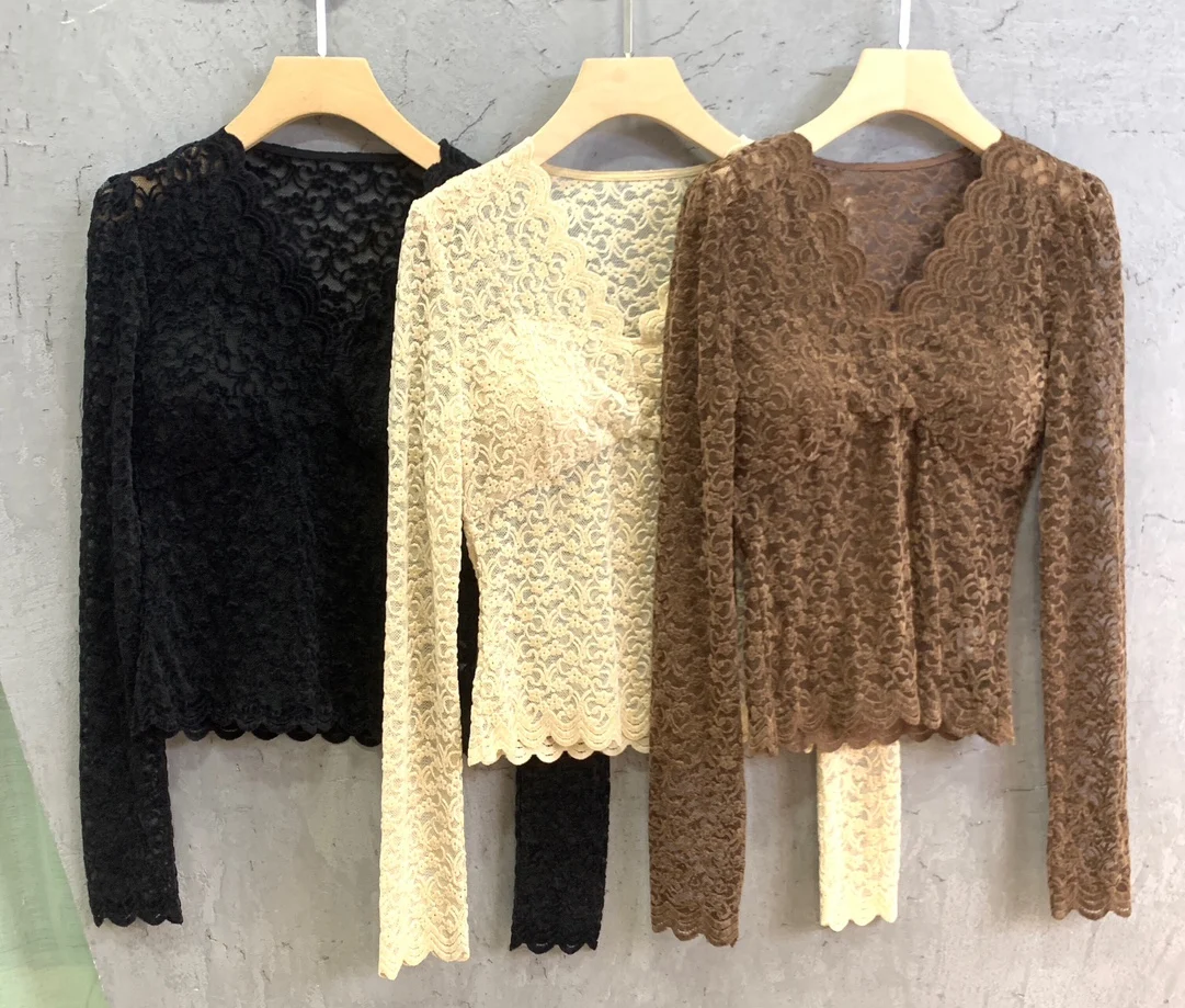 

Новинка 2024, женская одежда на раннюю весну, кружевная ажурная рубашка с V-образным вырезом, подходящий ко всему элегантный топ в стиле ретро, 1209