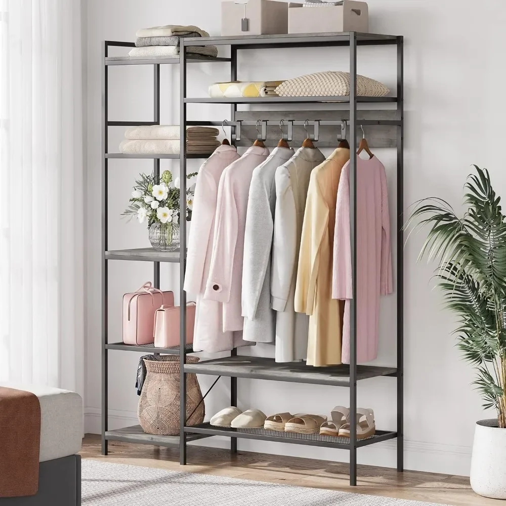 

Closet wardrobe, multifunctional portable hanger with 5-layer shelves and hanging rods, sturdy steel hanger