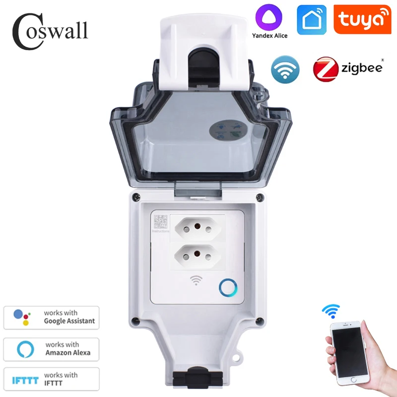 COSWALL Smart Brazil Socket Tuya WIFI, voice control IP66 waterproof 20A Brasil wall socket timer switch programmable work with Alexa Google Home