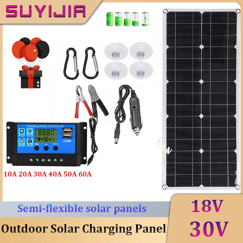 Semi-Flexible Solar Panel 18V 30W Outdoor Solar Charging Panel USB Phone Camera 5V Device Charging 12V Car Boat Battery Charging