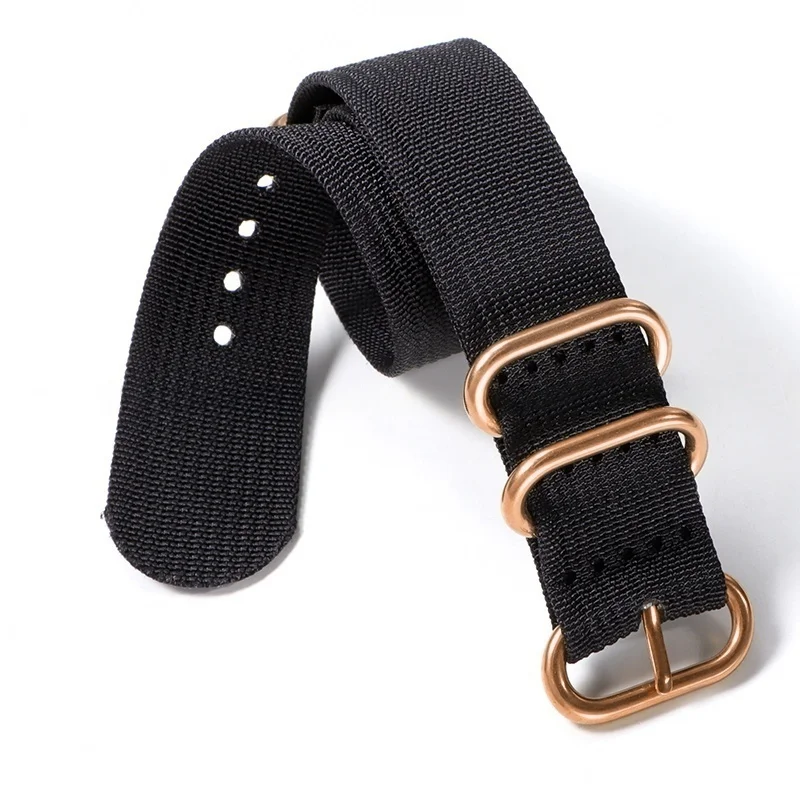 Nylon Ribbed Braid Watch Strap with Silver, Black, and Gold Ring Buckle