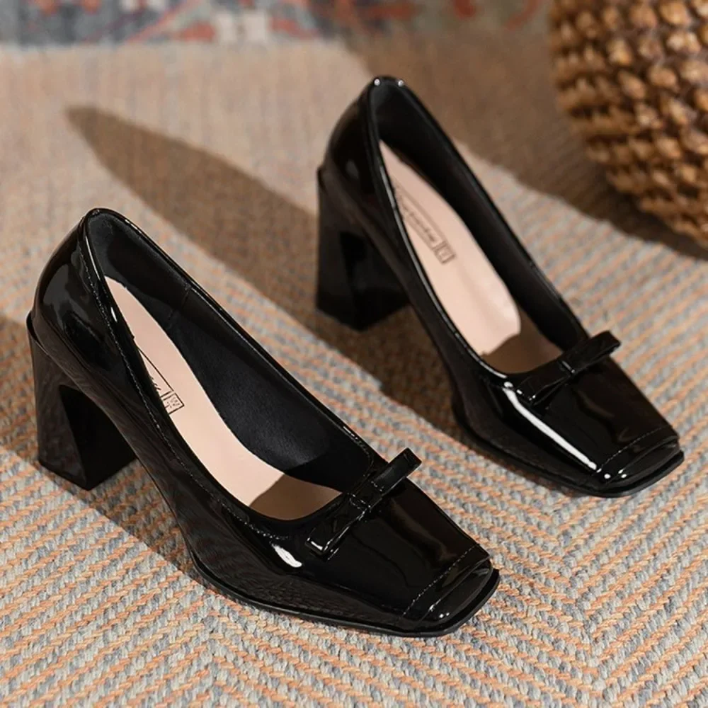 Women Heels Spring  Autumn Season Sweet Retro Colored Bow Tie Single Shoes Women Thick Middle Heel Square Headed Women's Shoes 2