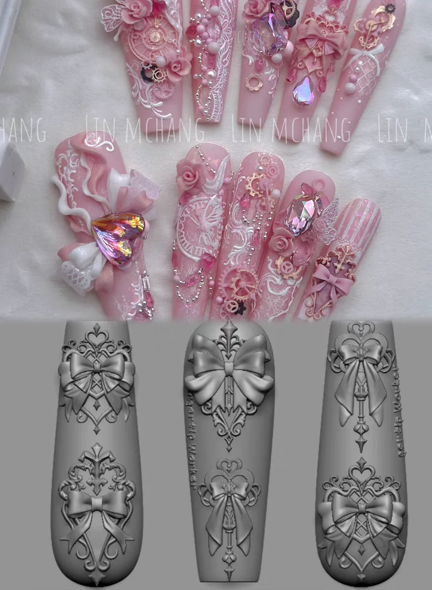 1pc Nail Art Mold Lolita Bow Mushroom Crow Chain Rose Snake Lotus Bear 3D Acrylic Nail Decorations DIY Silicone Nails Products