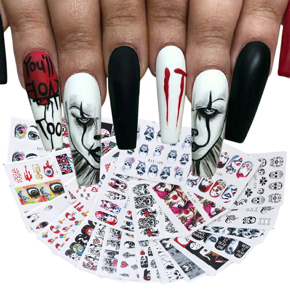 24 Pcs Halloween Nail Art Water Sticker Set Anime Skull Bone Decals Gel Polish Slider Accessories Nail Decorations LASTZ731-755 nail stickers nail art decoration nail decals