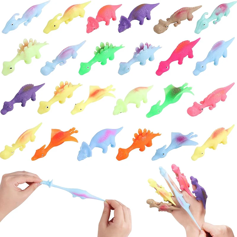 20PCS Slingshot Dinosaur Finger Toys Mini Rubber Dino Finger Flying Launch Stretchy Toy Kids Party Birthday Favors Gifts