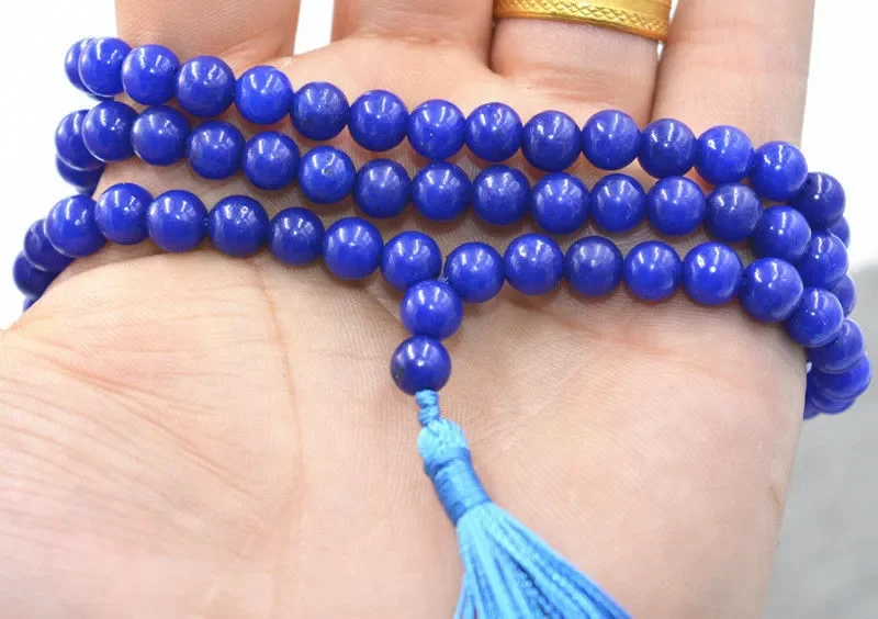 Natural 6mm stone Buddhist Blue Sapphire 108 Prayer Beads Mala Bracelet Necklace jade Jewelry crystal