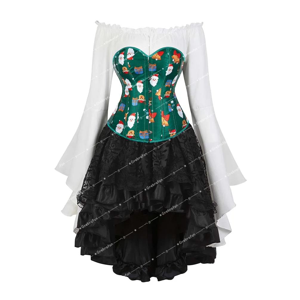 

Christmas Corsets Bustiers Dress 3 Piece Outfits Santa Printing Bustiers Basque Skirt with Blouse Set Burlesque Costume Gothic