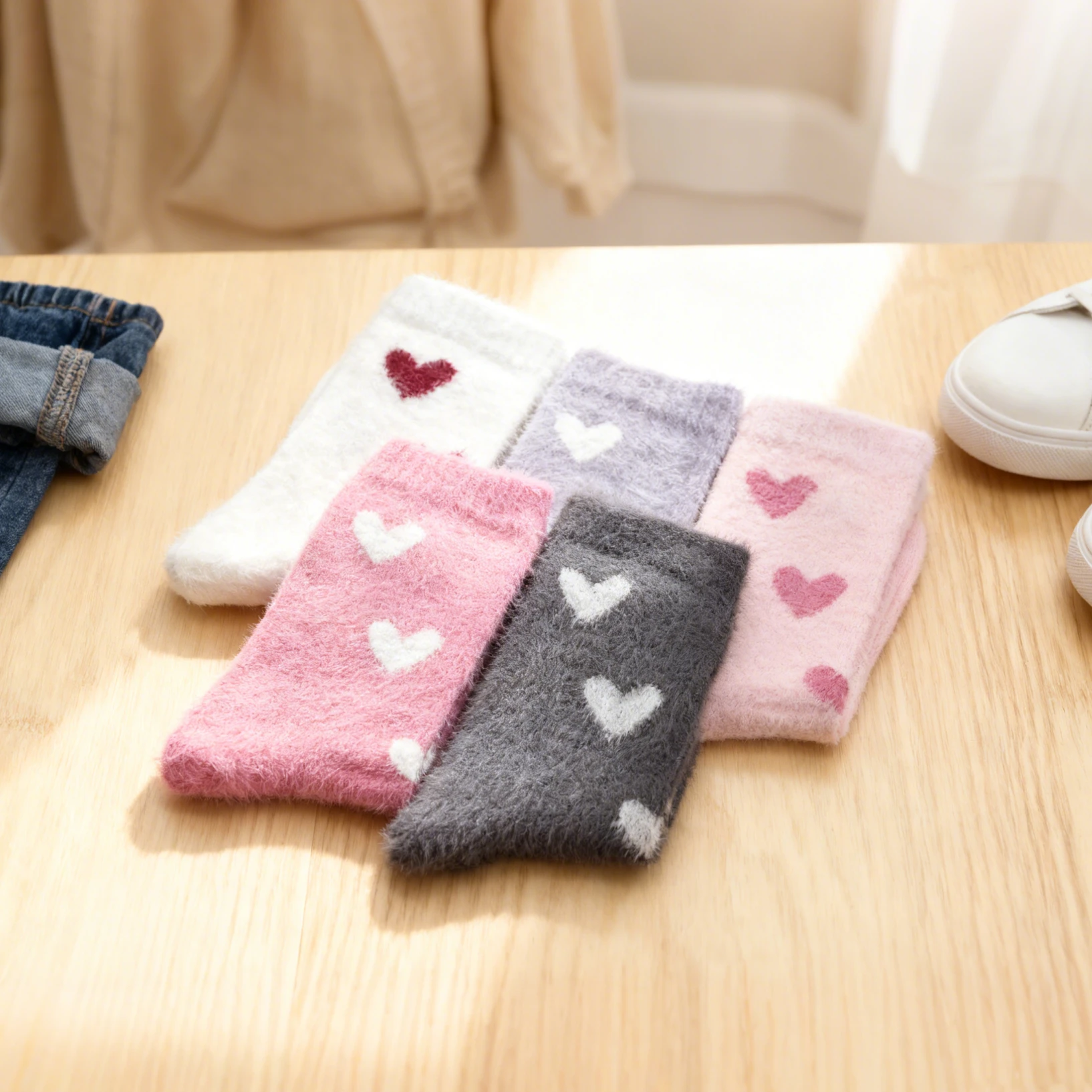 5PCS/1Set Cute Heart Socks Autumn Winter Thicken Warm Soft Plush Women Socks Coral Fleece Thermal Homewear Floor Socks