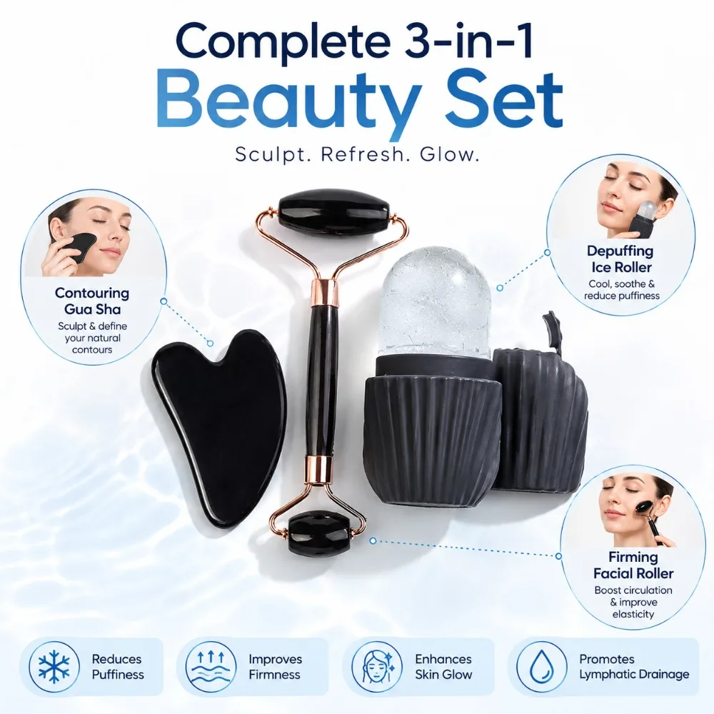 Enhanced Facial Roller & Gua Sha Skin Care Set with Silicone Ice Roller