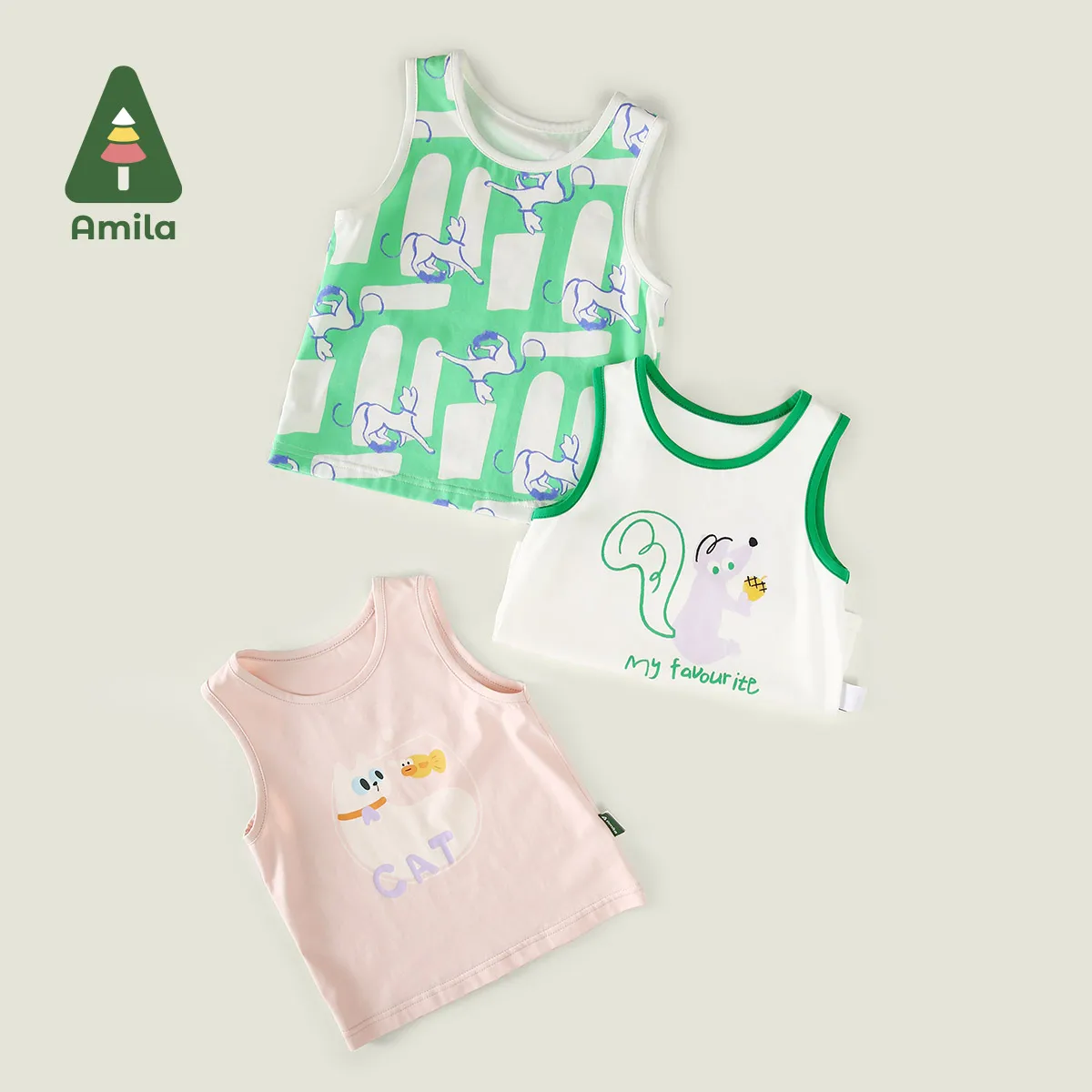 Amila Baby Top Summer New Fun Printed Cotton Color Matching Sleeveless Vest Comfortable Skin-Friendly Kids Clothing