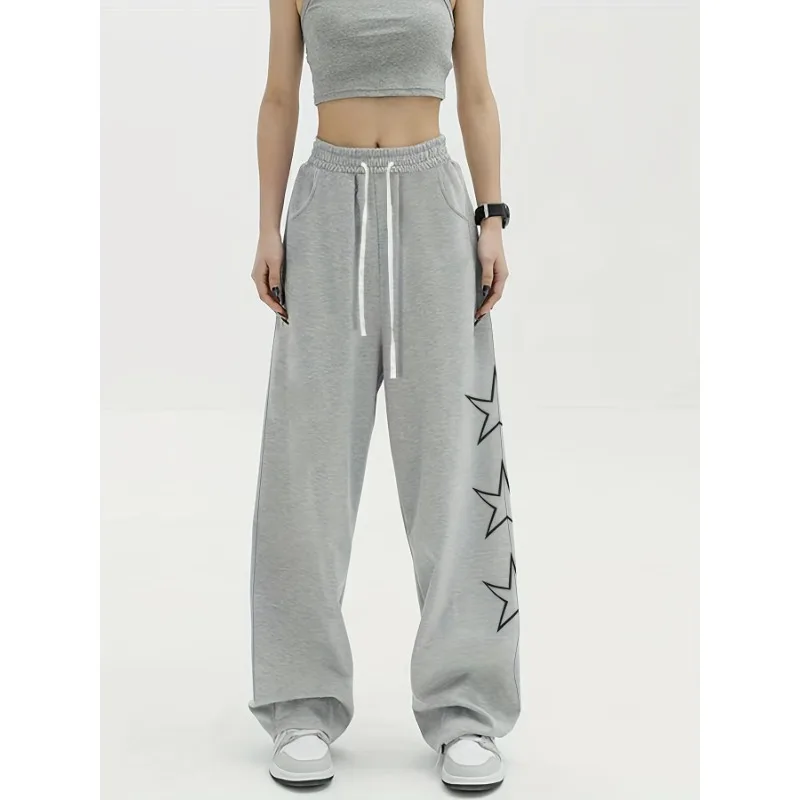 QWEEK Star Print Drawstring Straight Sweatpants Women Gray Casual Elastic High Waist Jogger Pants Korean Fashion Kpop Trousers qweek white y2k cargo jeans women vintage high waist wide leg streetwear washed loose trousers hip hop baggy pants trashy 2000s