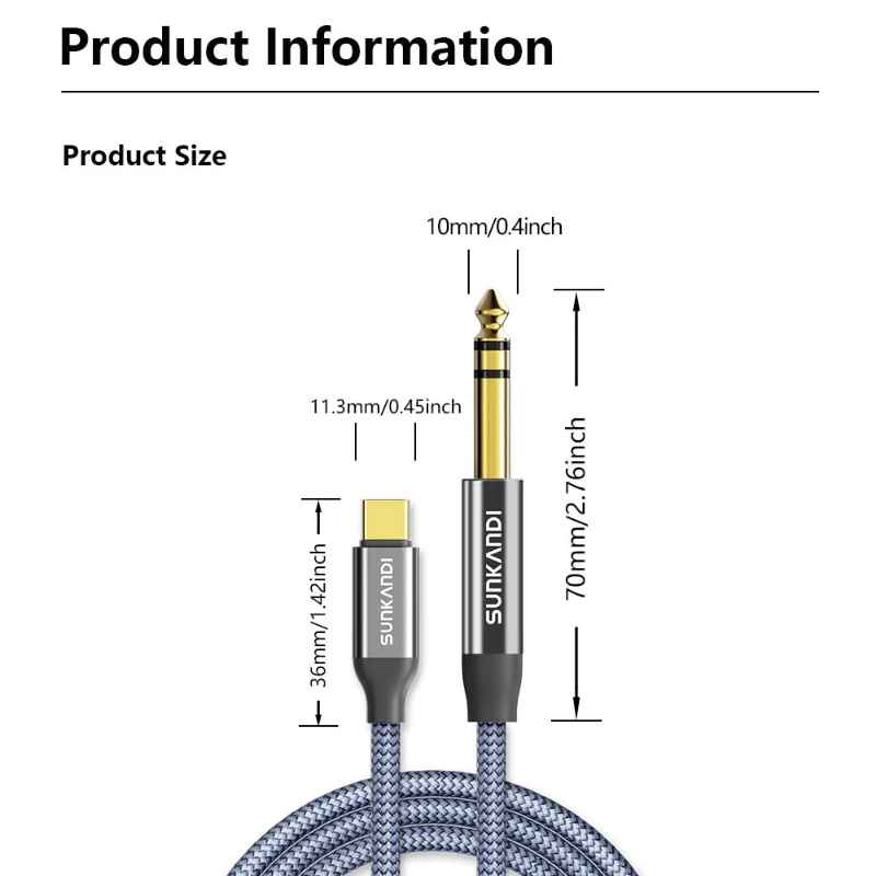 SUNKANDI USB-C to 1/4 TRS Stereo Audio Adapter Cable for Enhanced Sound Quality