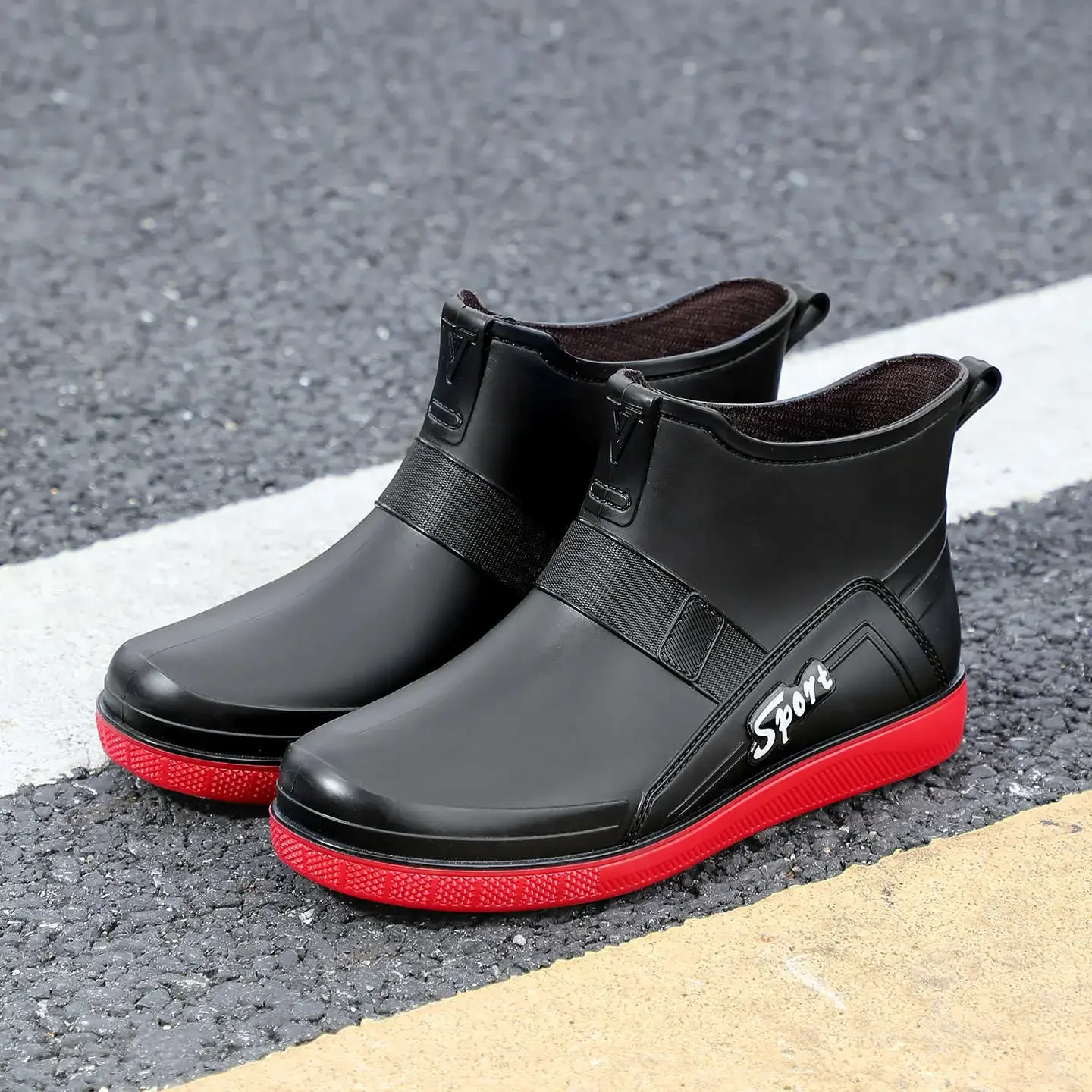 Bottes de pêche homme cheville hautes imperméables avec bandes réfléchissantes noires rouges pour toutes saisons