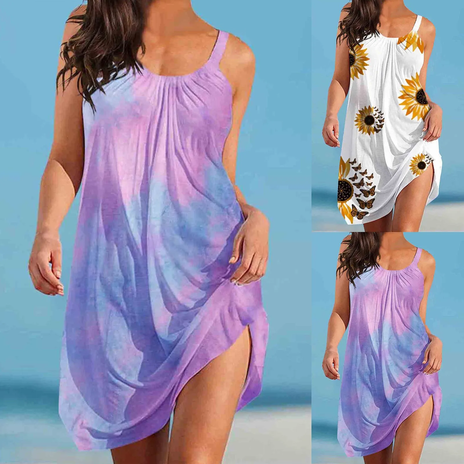 

Summer Dress Women's Fashion Sexy Sleeveless Cute Cartoon Print Hem Loose Beach Dress сарафан женский