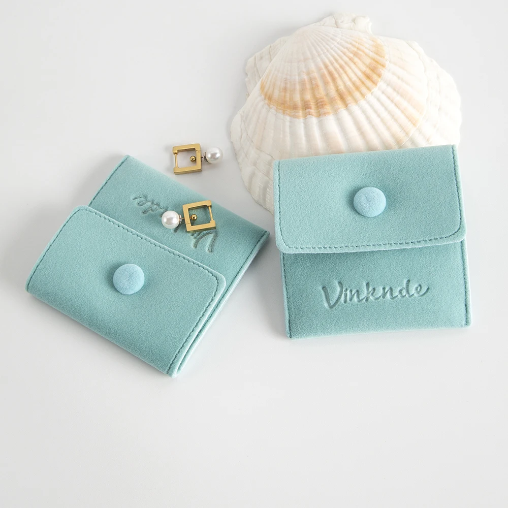 Custom Logo Jewellery Pouch Packaging Bag Soft Velvet Bracelet Necklace Rings Earrings Storage Snap Button Velvet Gift Storage