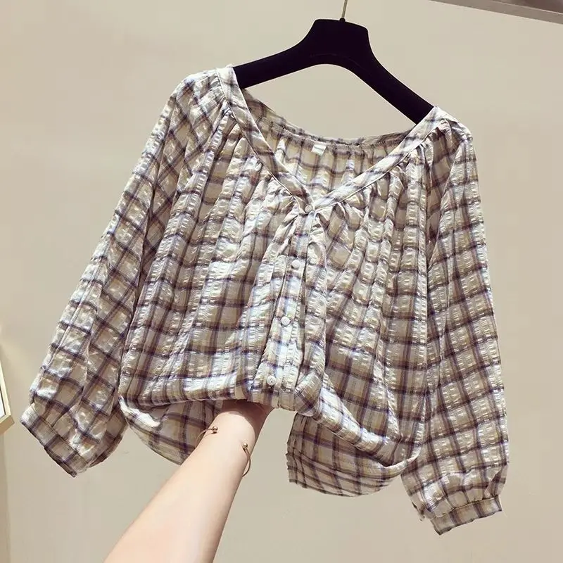 2023 Spring Autumn New V-neck Long Sleeve Button Chiffon Shirt Women Korean Style Casual Loose Fashion Plaid All-match Cardigan