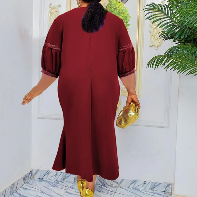 Fashion Spring Autumn Diamonds Solid Color Three Quarter Sleeve Elegant Crew Neck Patchwork Plus Size Fishtail Dress for Women