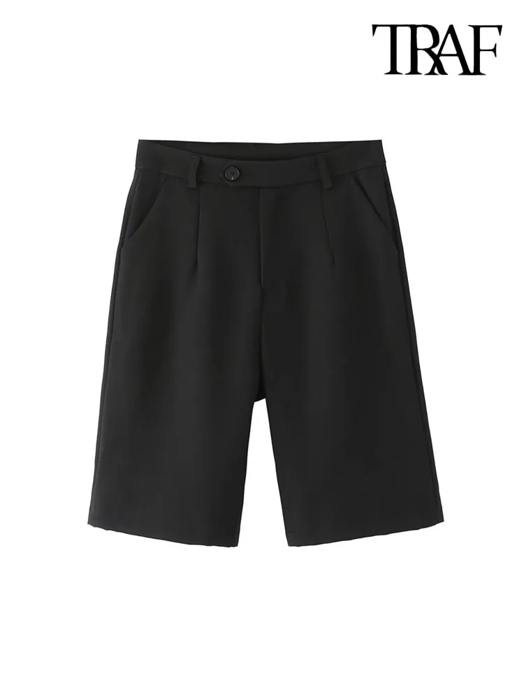 

TRAF Women Fashion Side Pockets Straight Shorts Vintage High Waist Zipper Fly Female Short Pants Mujer