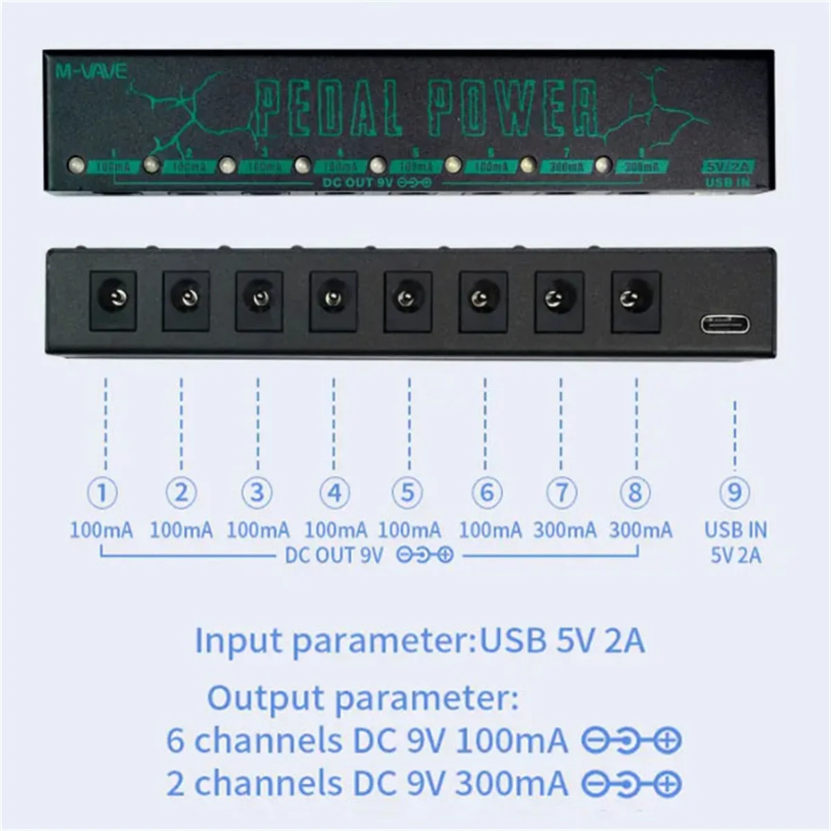 M-VAVE PEDAL POWER Guitar Pedal Power Supply 8 Isolated Pedalboard Power Supply Aluminium Alloy DC Output 9V Effect Pedal