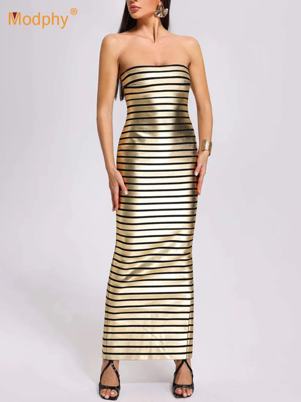 

Modphy Gold Foil Striped Strapless Tight Bandage Long Dress For Women Sexy Sleeveless Bodycon Club Party Fashion Celebrity Dress