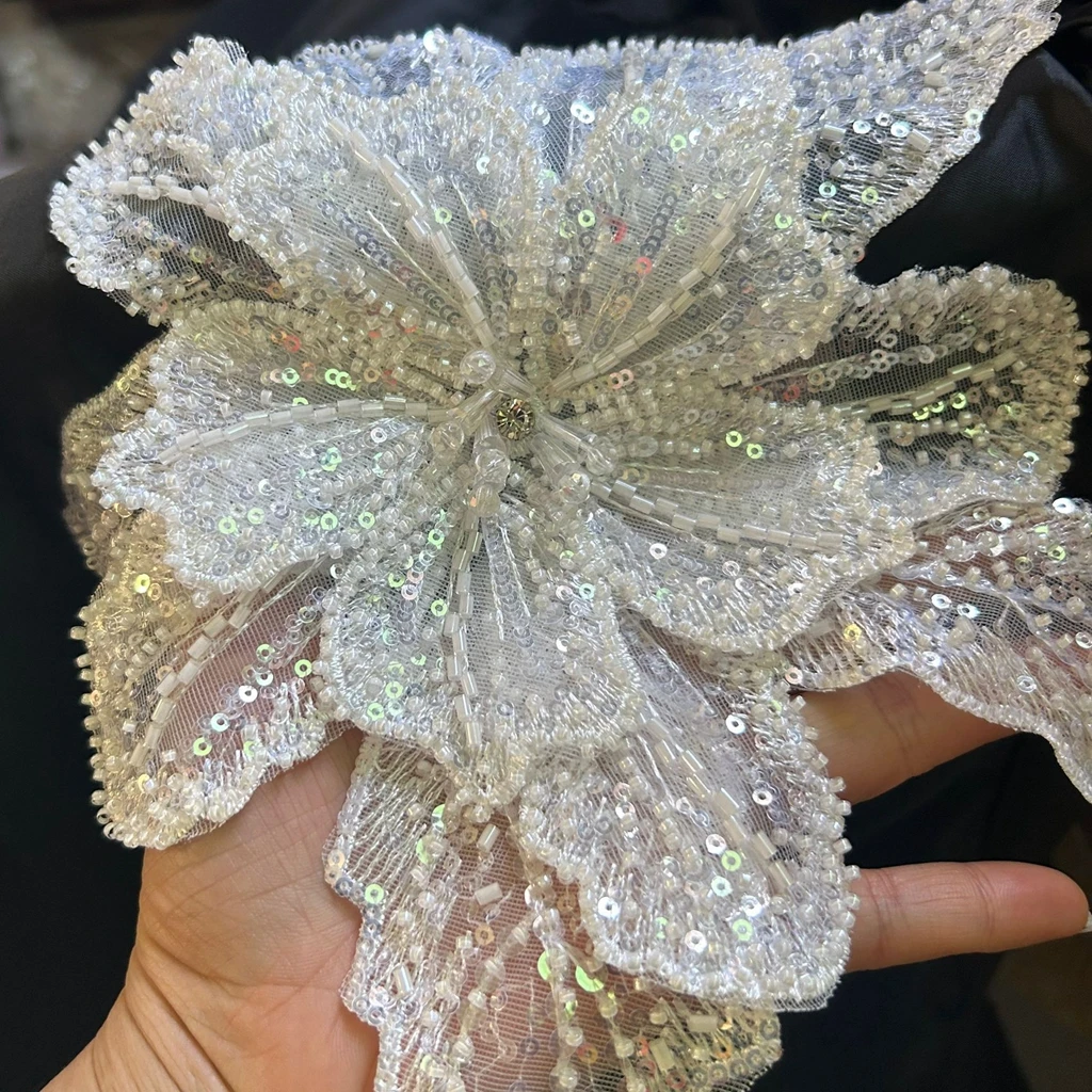 흰색 다층 레이스 스팽글 박힌 3D 꽃 패치 DIY 의류 장식 아플리케 스웨터 코트 액세서리