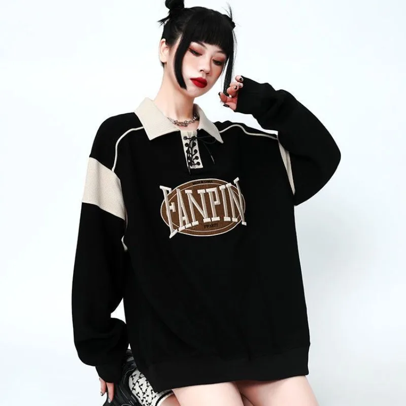 

ZAWAHIKI Autumn New Loose Patchwork Contrast Color Long Sleeve Women Sweatshirt Letter Embroidery All Match Polo Collar Tops