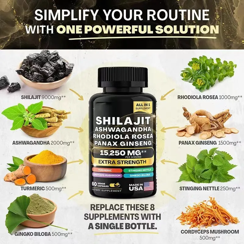 8 In 1 Organic SHILAJIT Ashwagandha Capsules All In 1 See Moss Capsules with Black Seed Oil Health Support