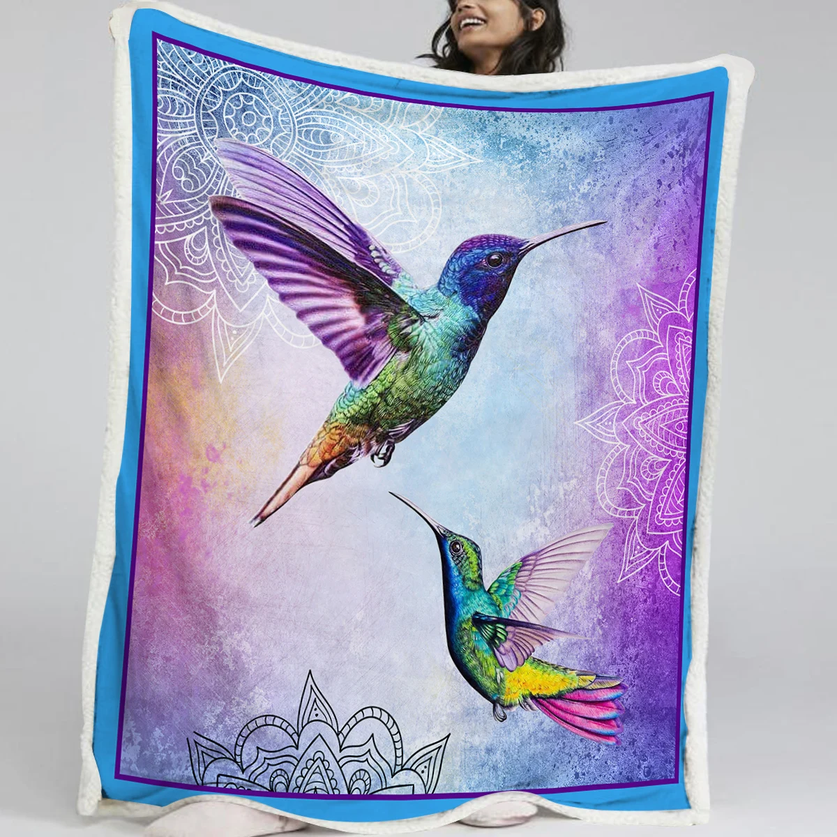 

BlessLiving 3D Birds Mandala Print Sherpa Fleece Blanket Purple Background Colorful Animal Bohemia blanket For Couch Sofa Bed