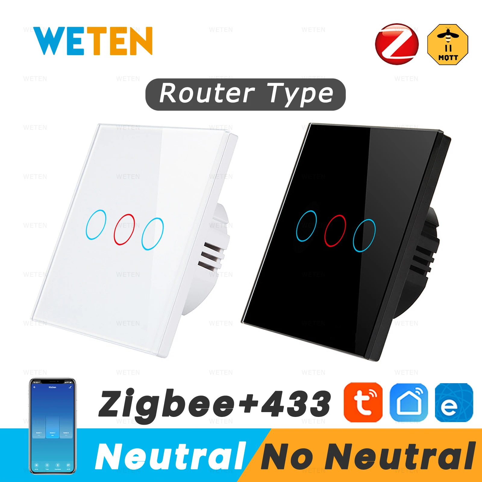 Zigbee Wall Touch Light Switch No Neutral 433RF, for Tuya Hub Sonoff