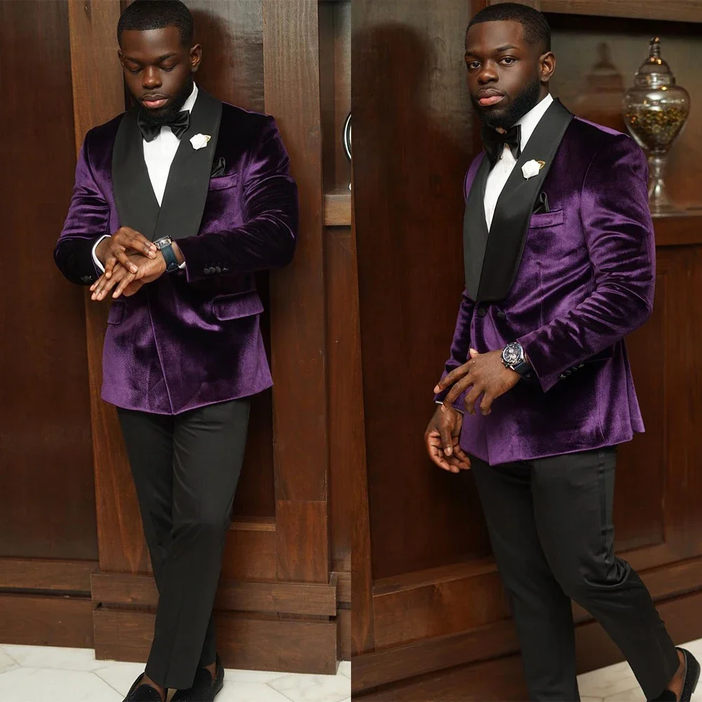 

Handsome Purple Velvet Men's Jacket Pants 2 Pieces Groom Wedding Tuxedos Party Suit For Men Tuxedo Slim Fit Suit Blazer