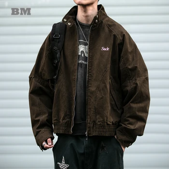 Mens American Work Jacket Premium Washed Vintage Spring Fall Korean Fashion Embroidered Stand Collar Trendy Casual Coat Male 1