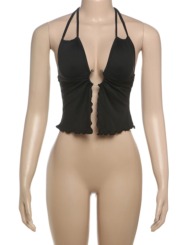 Nibber Sexy Irregular Hollow Camisole Women  Metal Rings Lace-Up Halter Backless Ruched Ruffles Hem Hot Girls Hipster Tank Tops