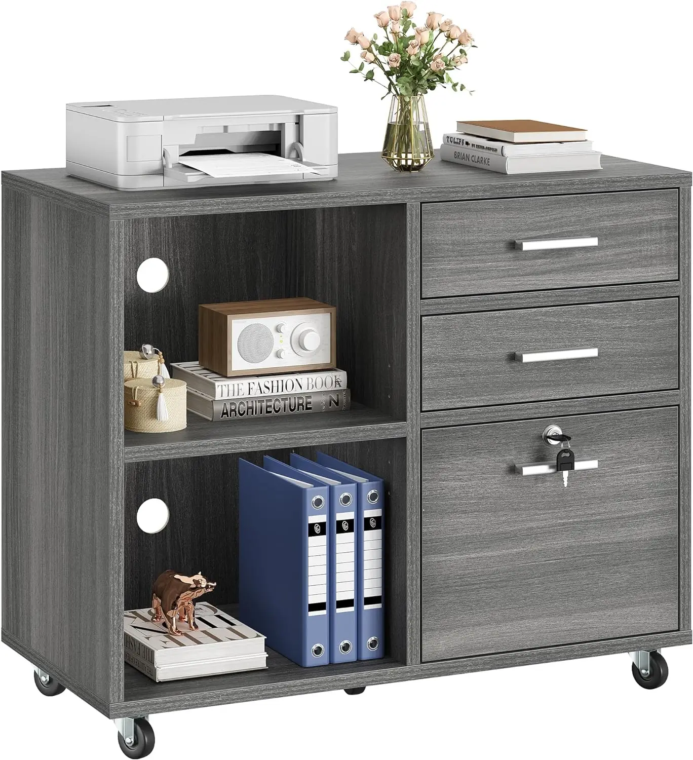 

YITAHOME Wood File Cabinet, 3 Drawer Mobile Lateral Filing Cabinet, Storage Cabinet Printer Stand with 2 Open Shelves