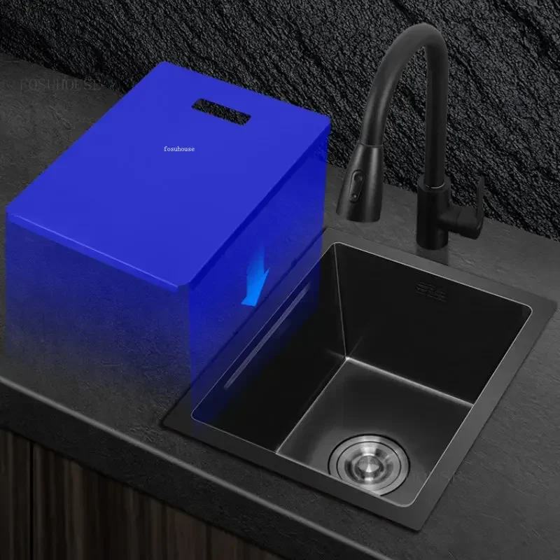 Stainless Steel Kitchen Sink Black Nano Small Single-slot Washbasin Dishwashing Island Counter Washing Sink with Cover Plate WW