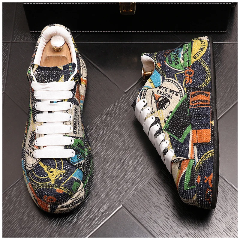 Luxury Rhinestone Sneakers Men Platform Casual Shoes Round Toe